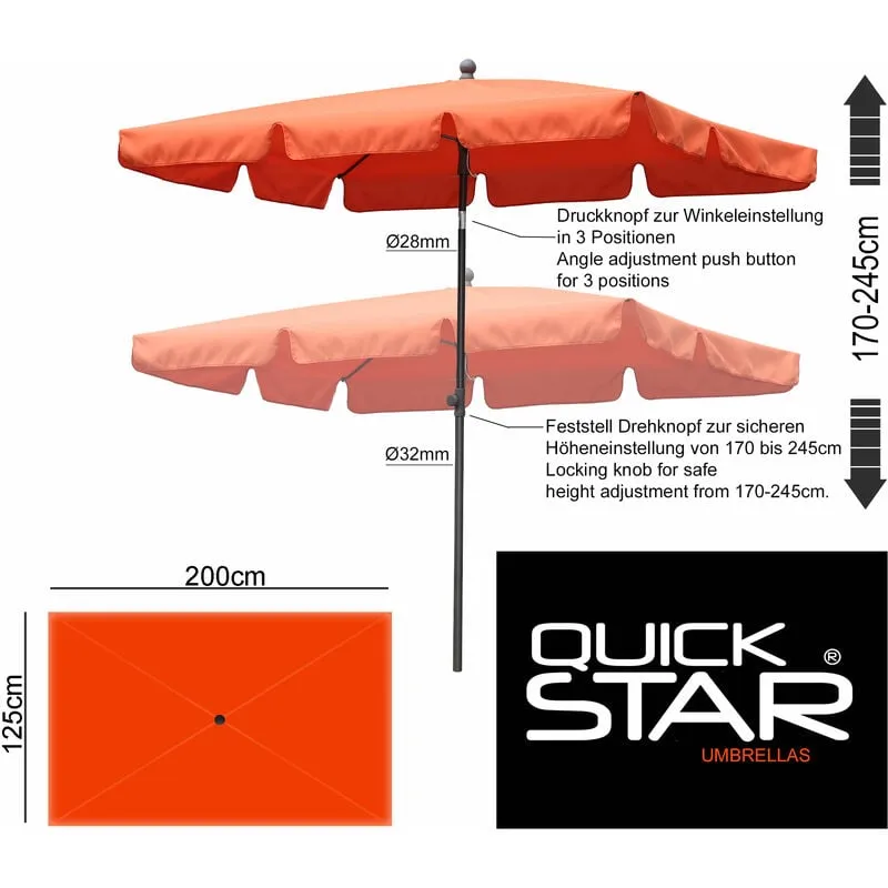 Ombrellone rettangolare 2x1,25 m con mantovana e dispositivo pieghevole rosso-arancio