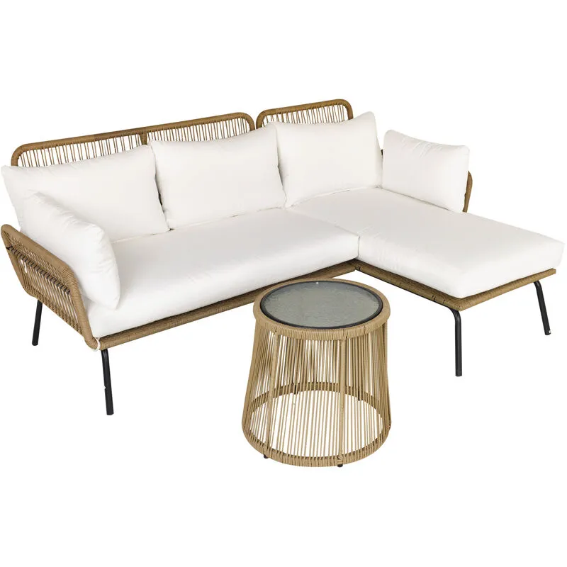 Set da Giardino Boho con Divano 2 Posti Chaise Longue e Tavolino Beige - 