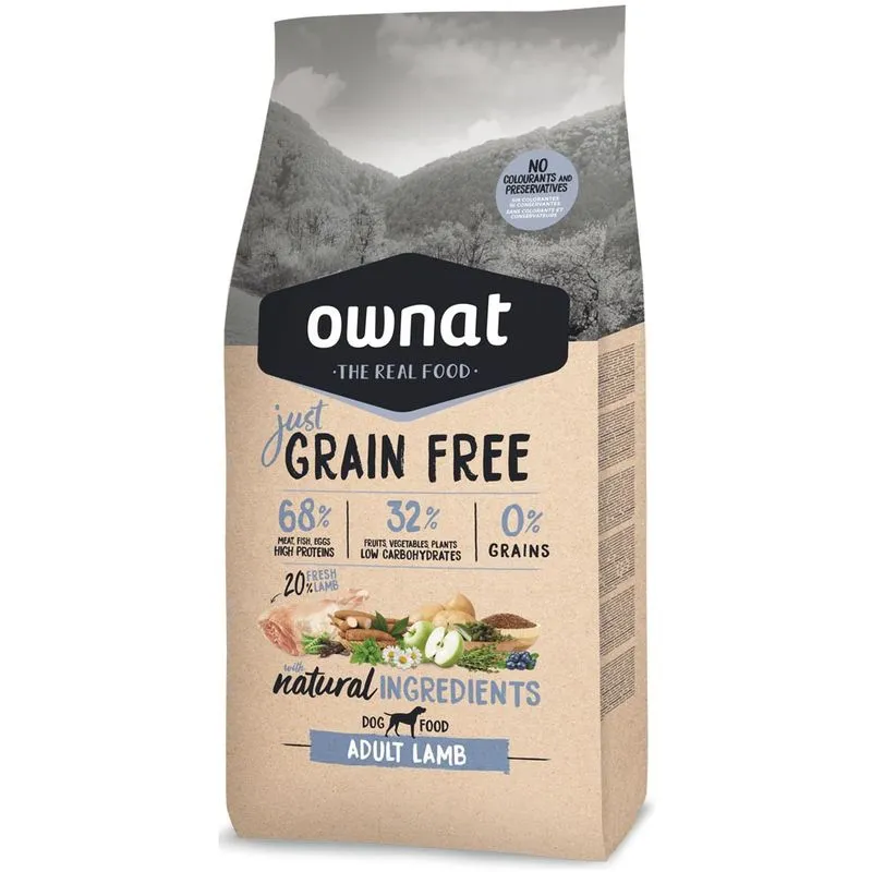 Ownat - crocchette per cani just grain free adult con agnello confezione da 14 chilogrammi