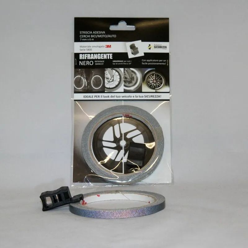Pack strisce adesive per cerchi auto/moto/bici Rifrangenti materiale 3M Packaging - 6 pack strisce Rifrangenti nero (riflettono il bianco)