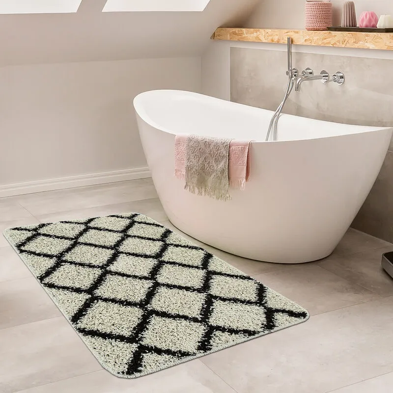 Tappetino da bagno Motivo a rombi Tappeto da bagno Design Pelo lungo Crema Nero ø 80 cm tondo - Paco Home