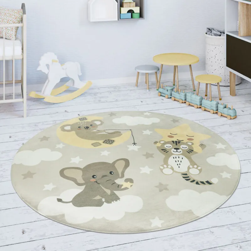 Tappeto Bambini Cameretta Da Gioco Bebè Stella Nuvola Luna Beige Bianco ø 120 cm tondo - Paco Home