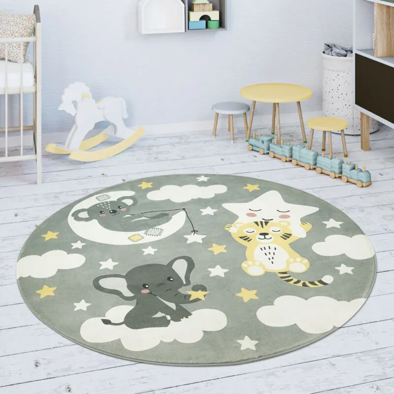 Paco Home Tappeto Bambini Cameretta Da Gioco Bebè Stella Nuvola Luna Grigio Bianco 80 cm tondo