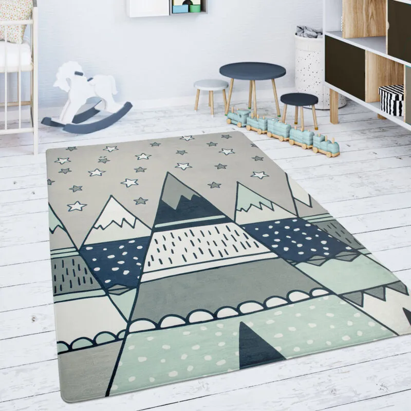 Tappeto Bambini Cameretta Da Gioco Bebè Stelle Motivo Tenda Tepee Grigio Verde 155x230 cm - Paco Home