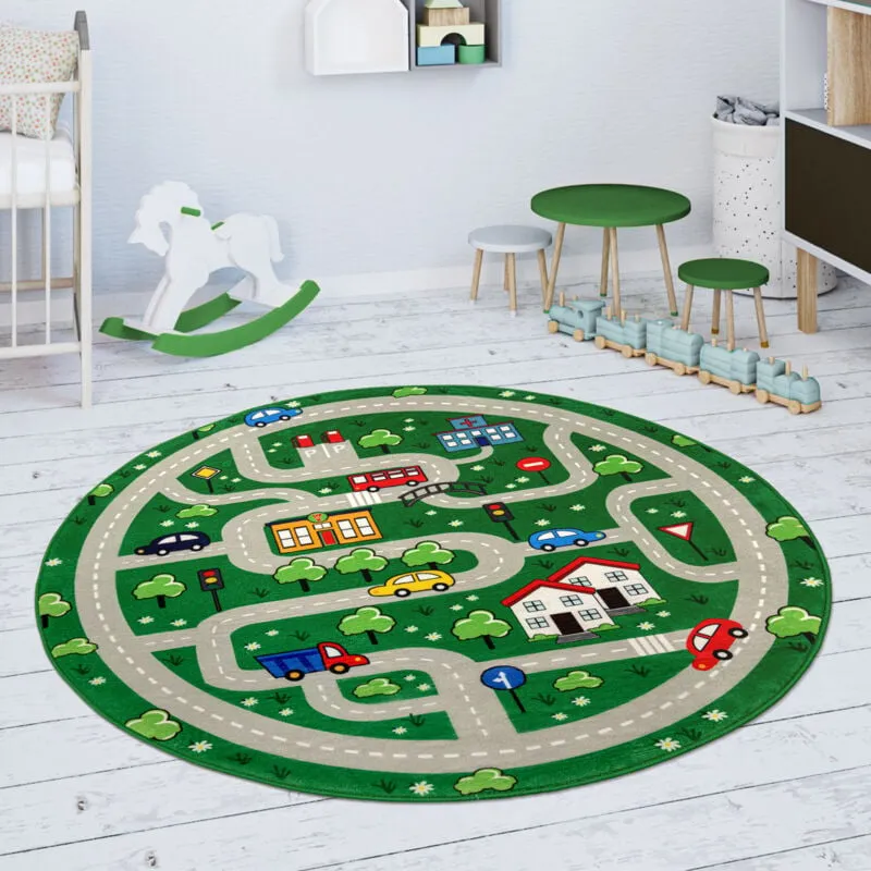 Tappeto Bambini Cameretta Da Gioco Bebè Tappeto Stradale Verde ø 120 cm tondo - Paco Home