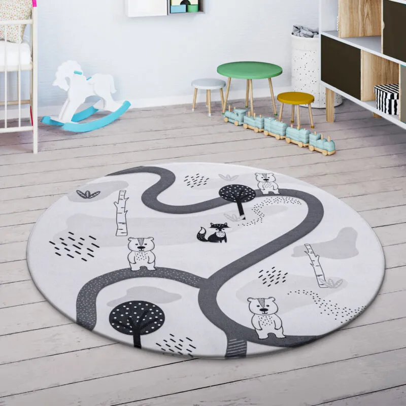 Tappeto Bambini Cameretta Motivo Con Animale Albero Strada Bianco Grigio 80 cm tondo - Paco Home