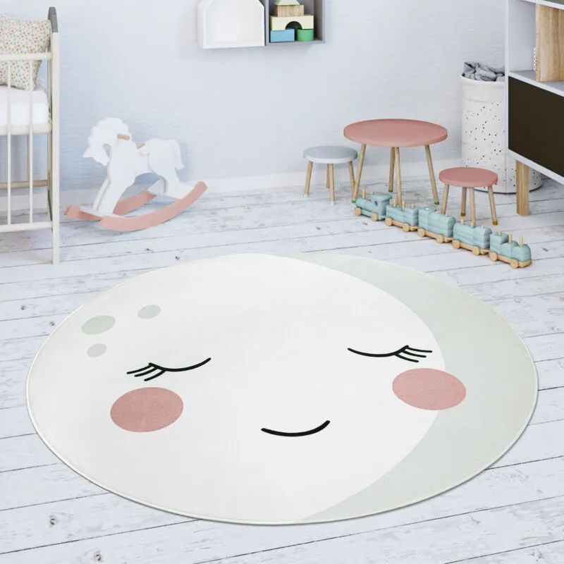 Paco Home Tappeto Bambini Cameretta Rotondo Da Gioco Bebè Motivo Luna Crema Bianco Ø 120 cm tondo