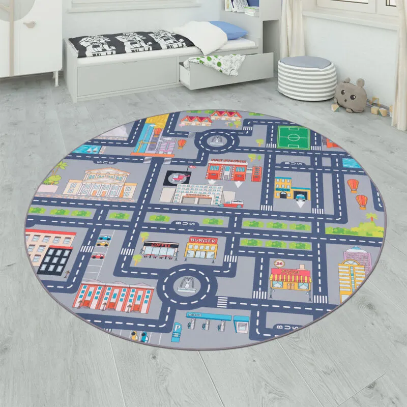 Tappeto da gioco per la camera dei bambini, motivo con strade e auto, grigio 200 cm quadrato - Paco Home