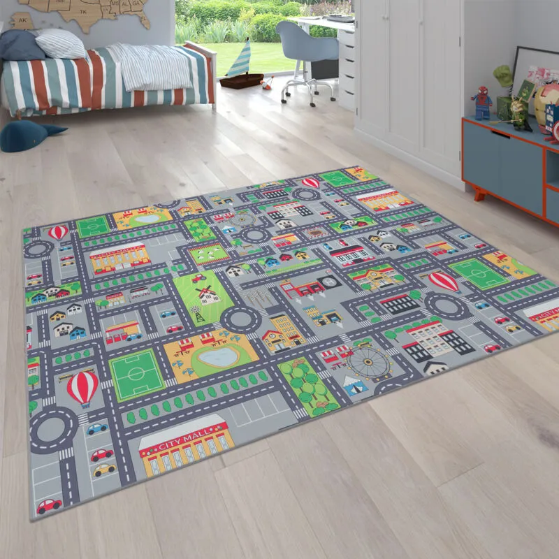 Tappeto da gioco per la camera dei bambini, motivo con strade e auto, in grigio 200 cm quadrato - Paco Home