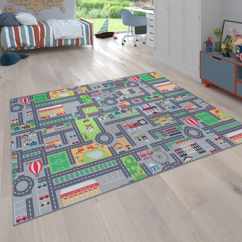 Tappeto da gioco per la camera dei bambini, motivo con strade e auto, in grigio 80x150 cm - Paco Home