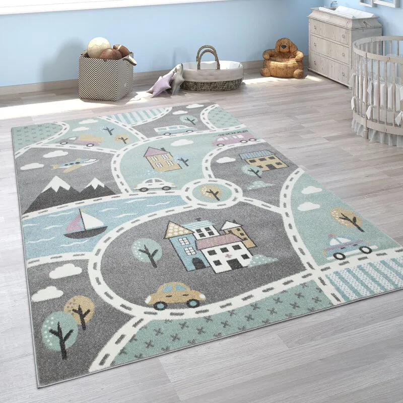 Tappeto da gioco per la cameretta dei bambini con motivo di strade in verde e grigio ø 200 cm tondo - Paco Home