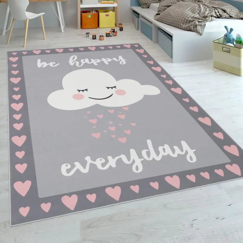 Tappeto Per Bambini a Tessuto Liscio Adatto Per La Cameretta, Con Testo e Nuvole, Grigio Rosa 120x160 cm - Paco Home