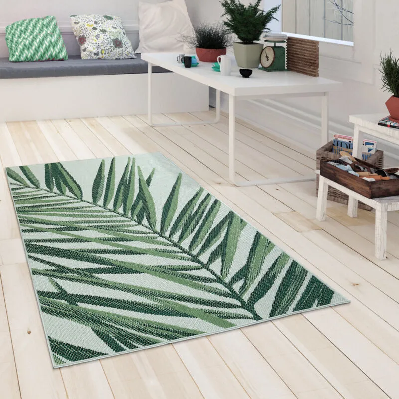 Tappeto per interni ed esterni verde-beige adatto per terrazza e balcone, con motivo di palme, a tessuto liscio ø 120 cm tondo - Paco Home