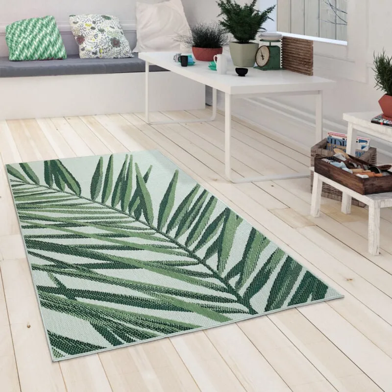 Paco Home Tappeto per interni ed esterni verde-beige adatto per terrazza e balcone, con motivo di palme, a tessuto liscio Ø 160 cm tondo