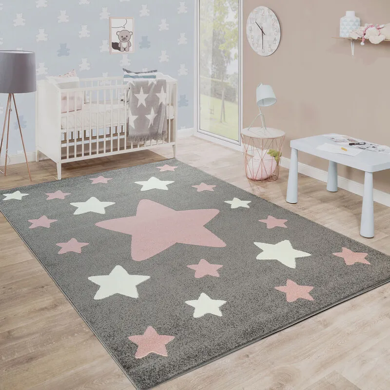 Paco Home Tappeto Stanza Dei Bambini Tappeto Per Bambini Grandi E Piccole Stelle In Grigio Rosa 120x170 cm