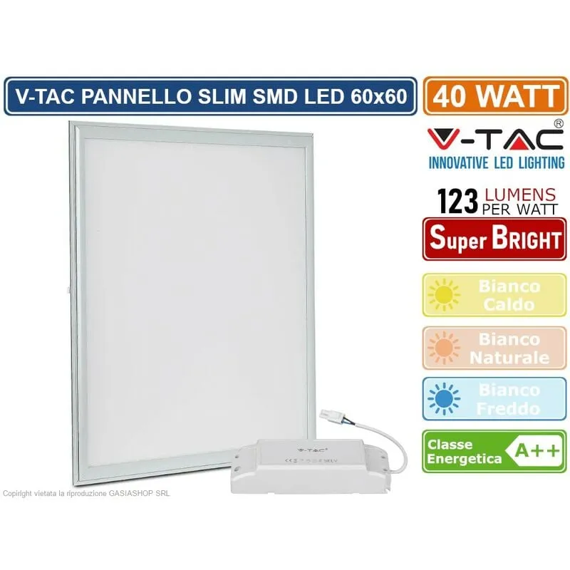 VT-6060 pannello slim led montaggio ad incasso 60X60 40W smd con driver 4950 lumen - Colore Luce: Bianco Naturale - V-tac