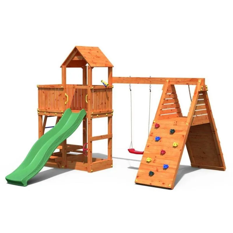 Parco giochi Fungoo fluppi con sabbiera, arrampicata, tavolo picnic, altalena e scivolo