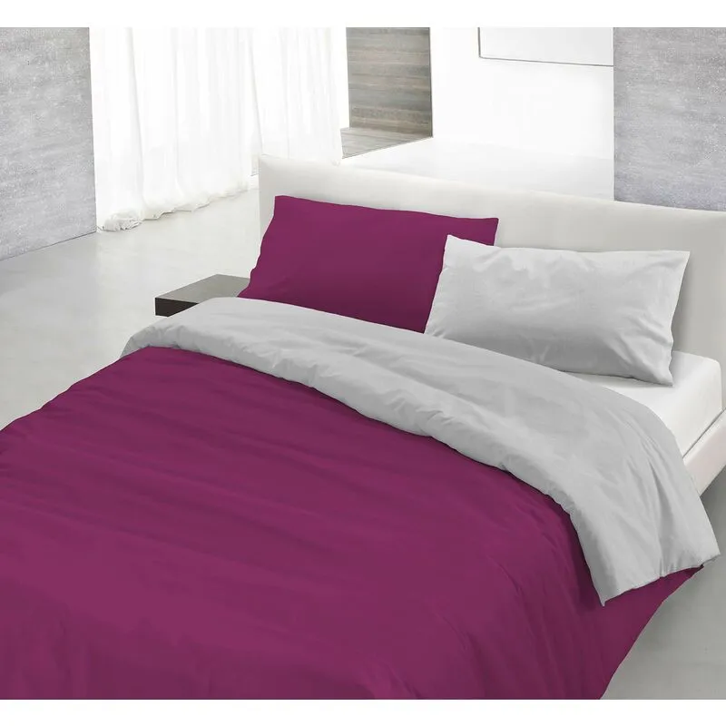 Italian Bed Linen Natural Color Parure Copripiumino con Sacco e Federe, 100% Cotone, Fuxia/Grigio, Matrimoniale