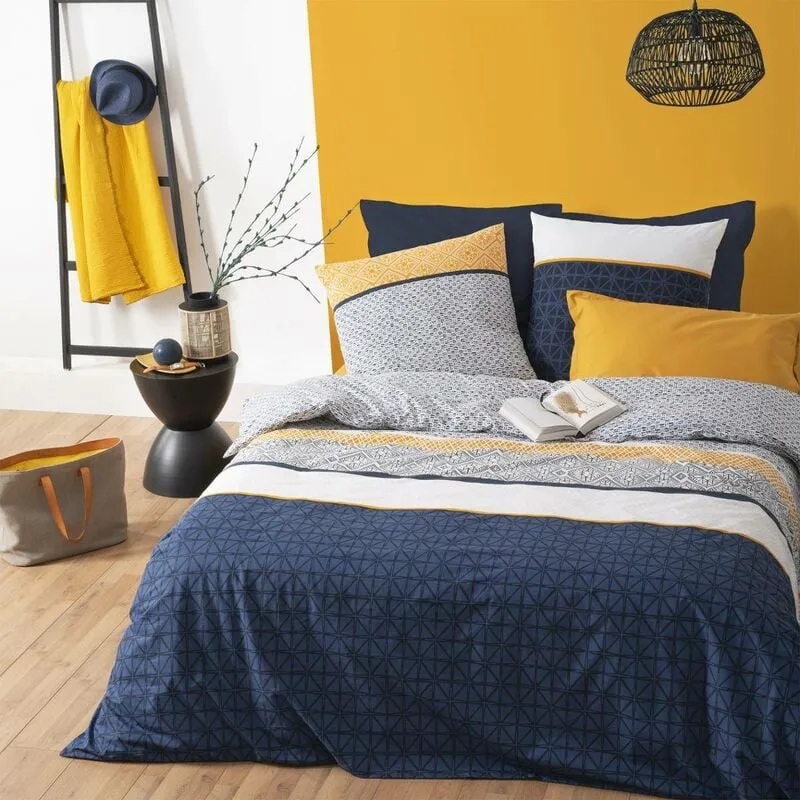 Atmosphera - Set di biancheria da letto etnik rayé in cotone 260x240cm - set di biancheria da letto stampata a righe etniche blu, in cotone,