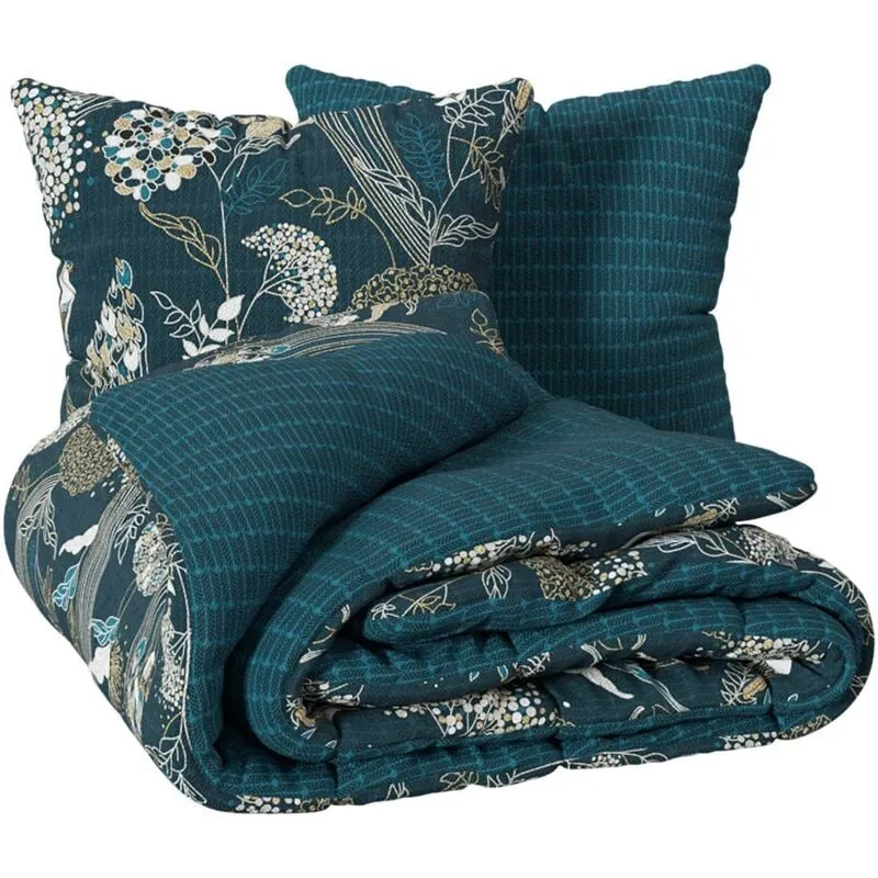 Set di biancheria da letto art deco paon in cotone 240x220cm - stampato, l. 240 x l. 220 cm Atmosphera créateur d'intérieur - Blu anatra