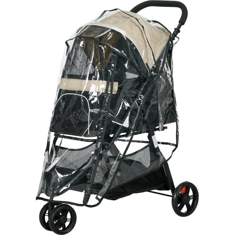 Passeggino Animali Pieghevole 3 Ruote con Copertura Antipioggia Khaki - Pawhut