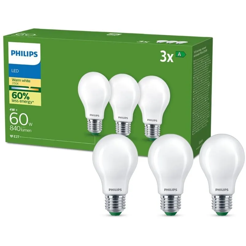 PHILIPS LED Lampadina Goccia Smerigliata Classe A Ultra Efficiente, 3 Pezzi, 60W, E27, Luce Bianca Calda