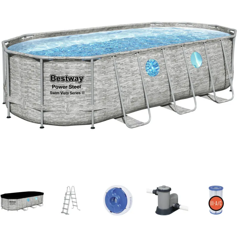 Ramroxx - Piscina Fuori Terra Bestway Power Steel Design Pietra 549x274x122 cm con Pompa Filtro a Cartuccia 5.678 l/h Copertura e Scala