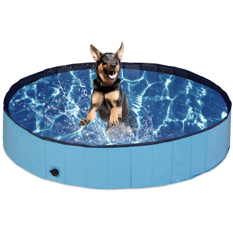 Relaxdays - Piscina per Cani Taglia Media, 30x160 cm, Piscinetta Pieghevole con Scarico, Bagno in Giardino, pvc e mdf, Blu