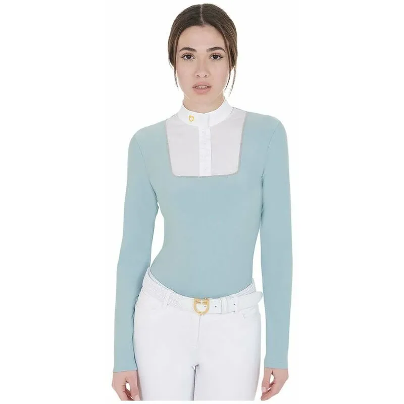 Equestro - Polo equitazione da donna a maniche lunghe in tessuto tecnico con bottoni: l, Bianco