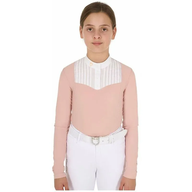 Equestro - Polo per bambina slim fit in tessuto tecnico e cotone con strass: 10 anni, Bianco