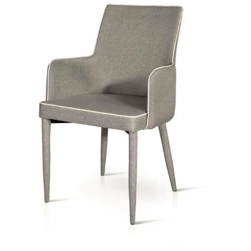 Poltroncina imbottita rivestita in tessuto color grigio, con braccioli