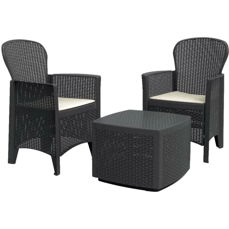 Set salotto da esterno, Set da giardino con 2 poltrone ed 1 tavolino contenitore, Salottino effetto rattan, 100% Made in Italy, Antracite