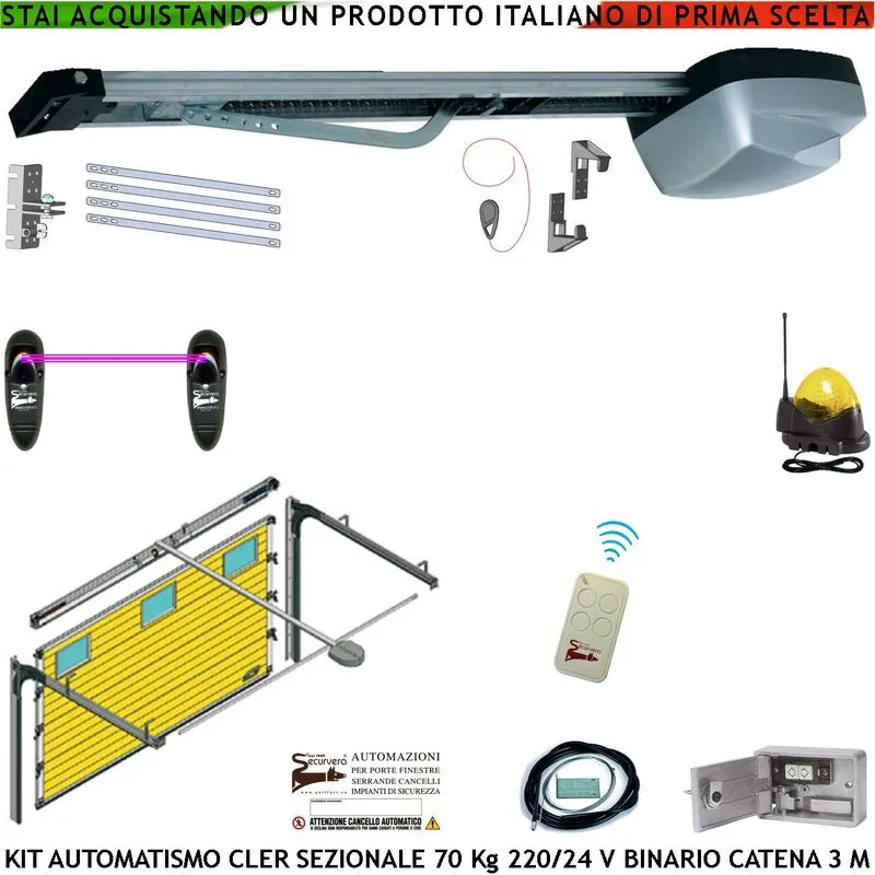 Porta Sezionale 70 Kg Kit Motore da Soffitto 220/24 V Radiocomando Fotocellule Faro Antenna Binario Alluminio 3 Metri Catena 5,5 MT Sistema