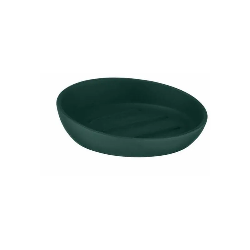 Portasapone Badi in verde scuro con finitura opaca, ideale per gel doccia senza confezione o shampoo solido, in ceramica, superficie opaca, piattino