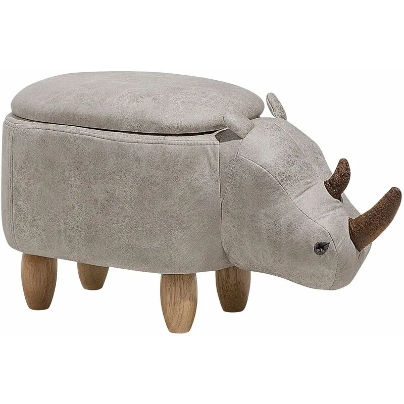 Pouf Animaletto Forma di Rinoceronte Ecopelle Grigia Chiara Gambe Legno Rhino