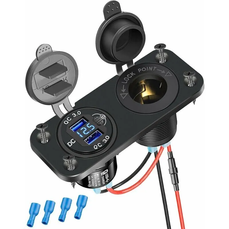 Presa accendisigari con ricarica rapida 3.0, presa USB 12V/24V con voltmetro LED e doppia presa di alimentazione USB impermeabile per auto, camper,