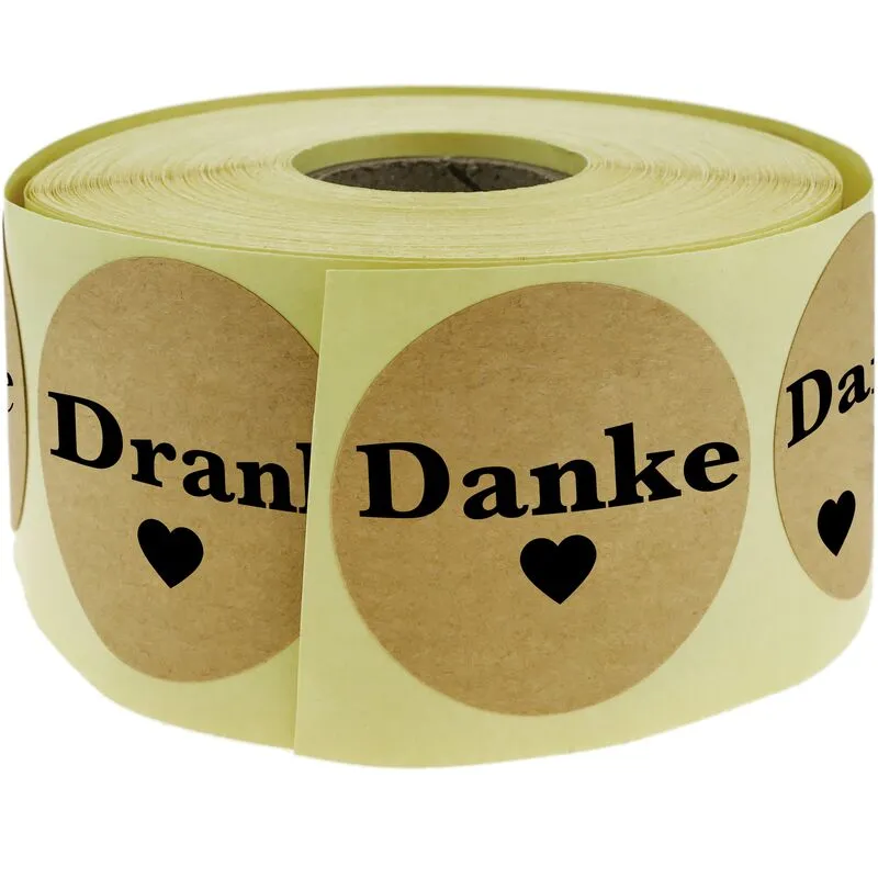 PrimeMatik - Adesivi rotondi di carta kraft Danke 25 mm, rotolo di 500 etichette, colore marrone