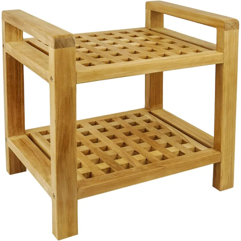 Sgabello da bagno con braccioli e ripiano 50 x 50 x 33 cm in legno di teak certificato - Primematik