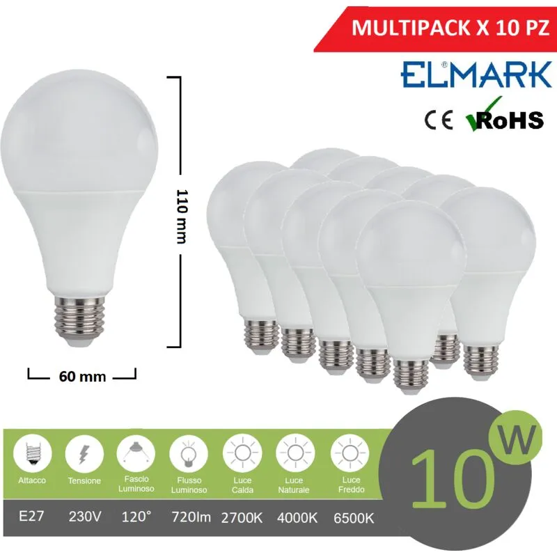 Elmark - Promopack x 10 pz lampadina led globo A60 E27 10w attacco grande sfera basso consumo luce fredda naturale calda Fredda bianca 6400k