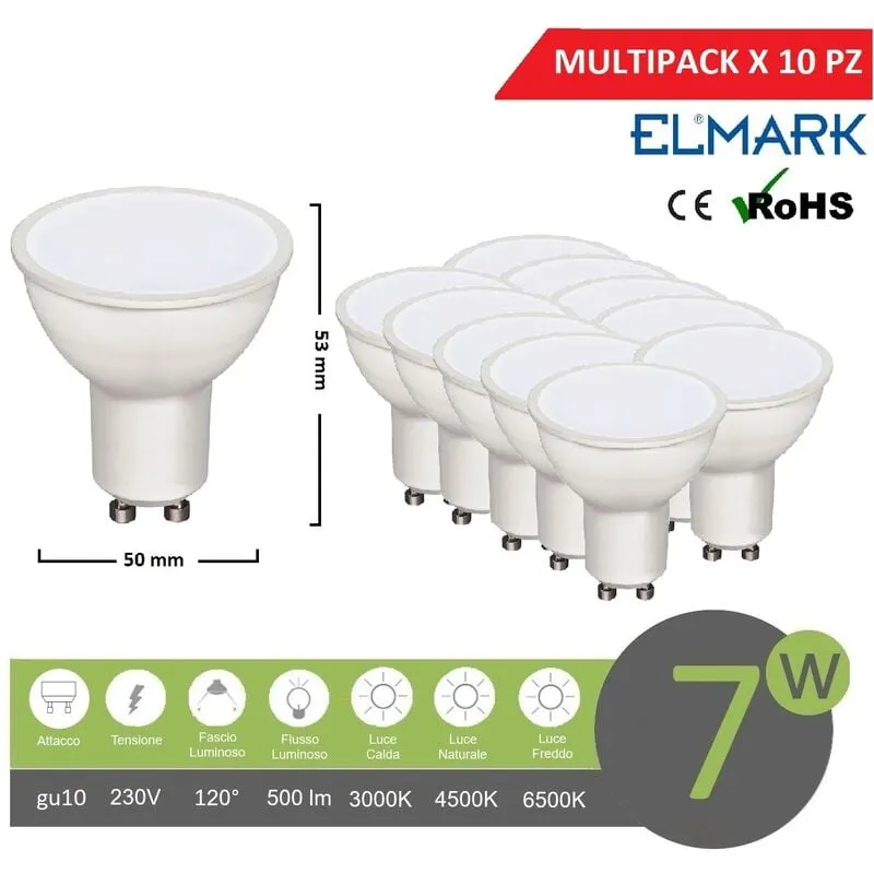 Elmark - Promopack X10pz faretto led 7w attacco gu10 bianco lampadina copertura opaca luce fredda naturale calda Naturale 4000k