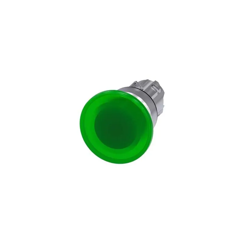  - Pulsante a fungo luminoso, 22 mm, tondo, in metallo, lucido, verde, 40 mm, a contatto momentaneo, con etichettatura laser, maiuscolo