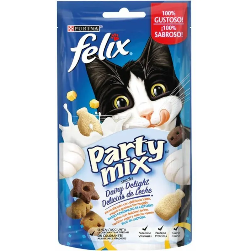 Felix Party Mix Gatto Snack Dairy Delight Aromatizzato con delizioso latte, yogurt e gustoso formaggio 60 g