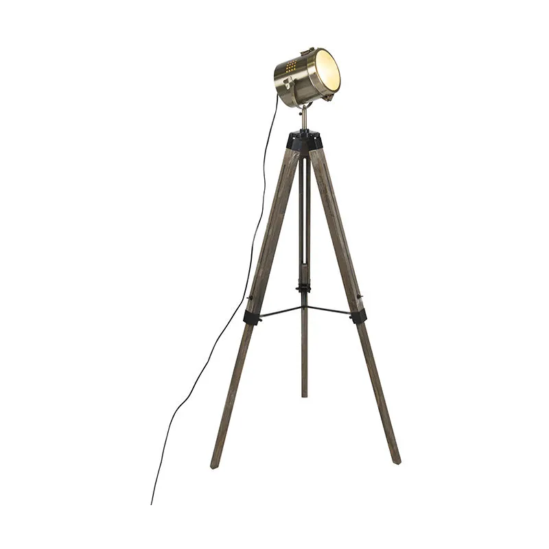 Lampada da tavolo tripode Braha - Industriale - Legno,Acciaio - Ottone/Marrone - Oblungo Max. 1 x Watt - Qazqa