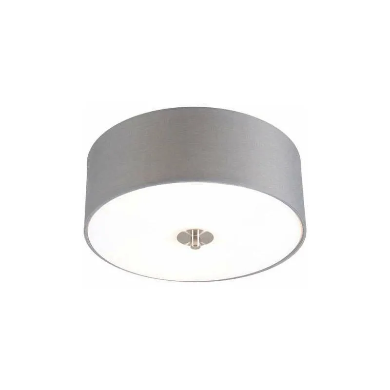 Qazqa - Plafoniera con paralume drum - Moderno - Vetro,Tessuto,Acciaio - Grigio - Tondo Max. 2 x Watt