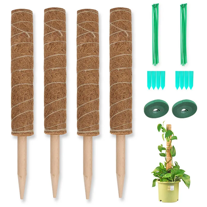 4 paletti in fibra di cocco impilabili - 40 cm ciascuno. palo con bastoncino di legno appuntito per l'estensione e il supporto delle piante