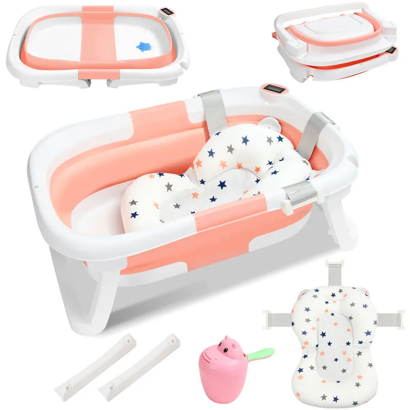 Hengda Baignoire Pliable Bébé Pliante évolutive PP+PTE Rose Baignoire pour Bébé 60.5x43x20.5cm (avec Coussin de Bain)