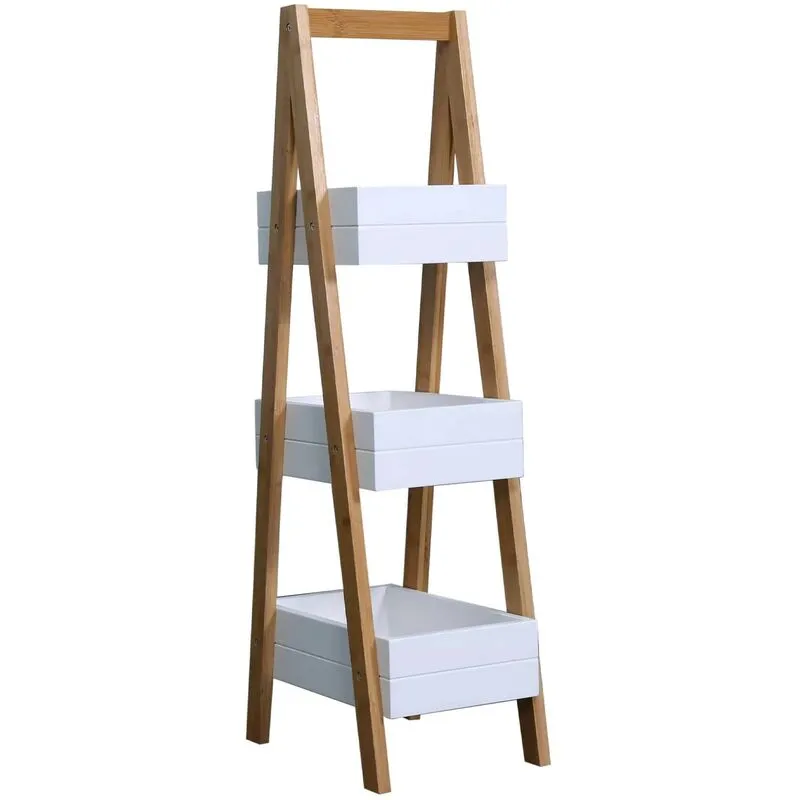 Rebecca Mobili Mobile a scala Scaffale da Bagno con 3 Ripiani in Mdf Bambu Bianco Marrone