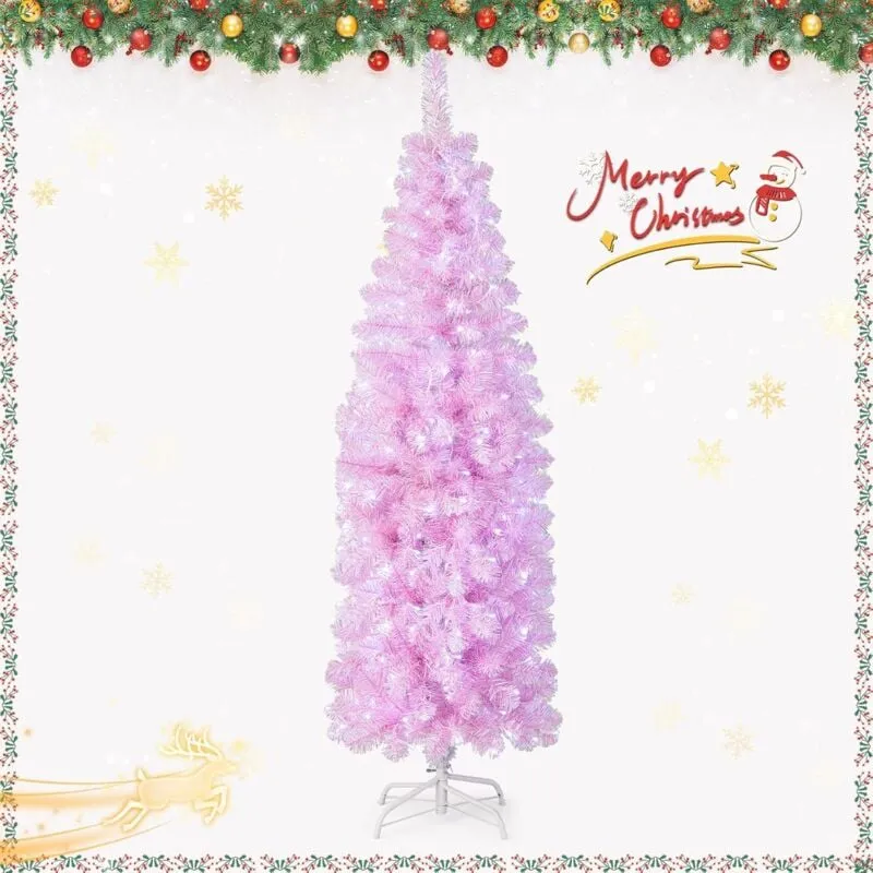  Albero di Natale Slim 180 cm, Albero di Natale Rosa con Luci Incorporate, Effetto Realistico, Facile Montaggio, Decorazioni Natalizie per