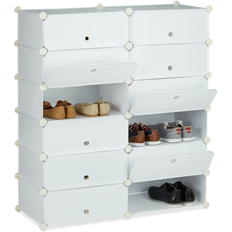 Scarpiera Armadio, 108x94x37 cm, Portascarpe 12 Scomparti, Scaffale Sistema a Incastro, Plastica, Bianco - Relaxdays