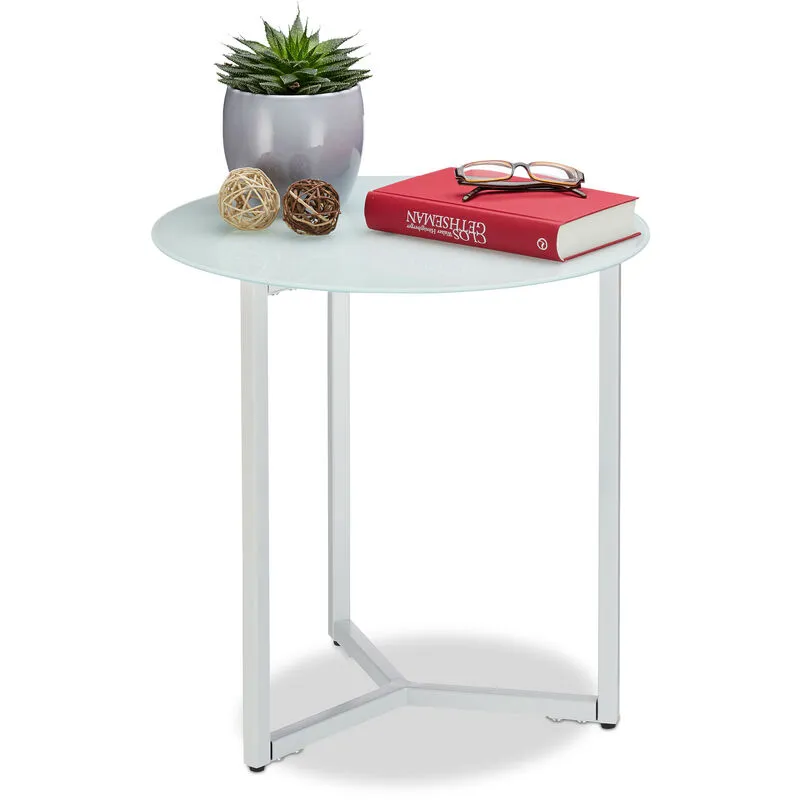 Tavolino Rotondo da Salotto in Vetro e Metallo, Tavolo da Caffè, Comodino HxLxP: 51 x 50 x 50 cm, Bianco - Relaxdays